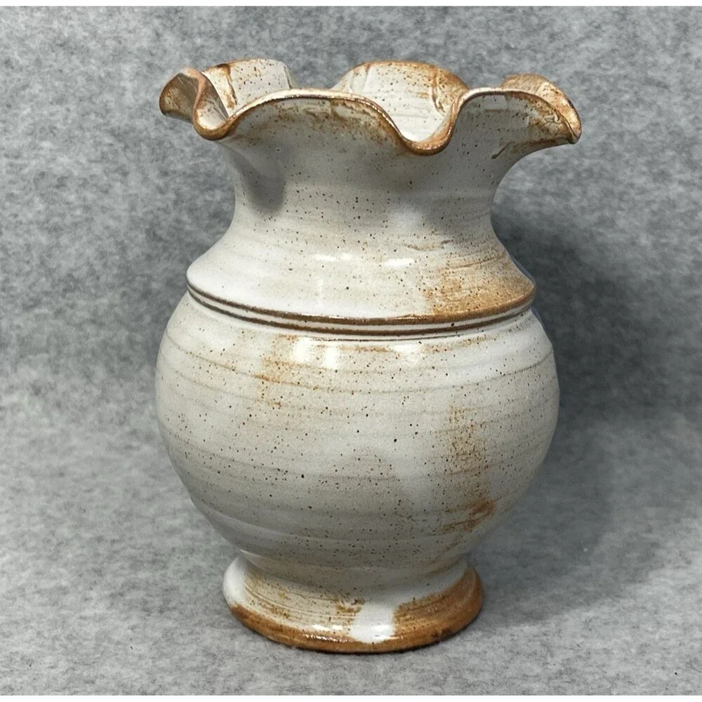 Pottery Glaze Vase Floral Hand Painted Flower Earthenware Terracotta Ruffle Edge